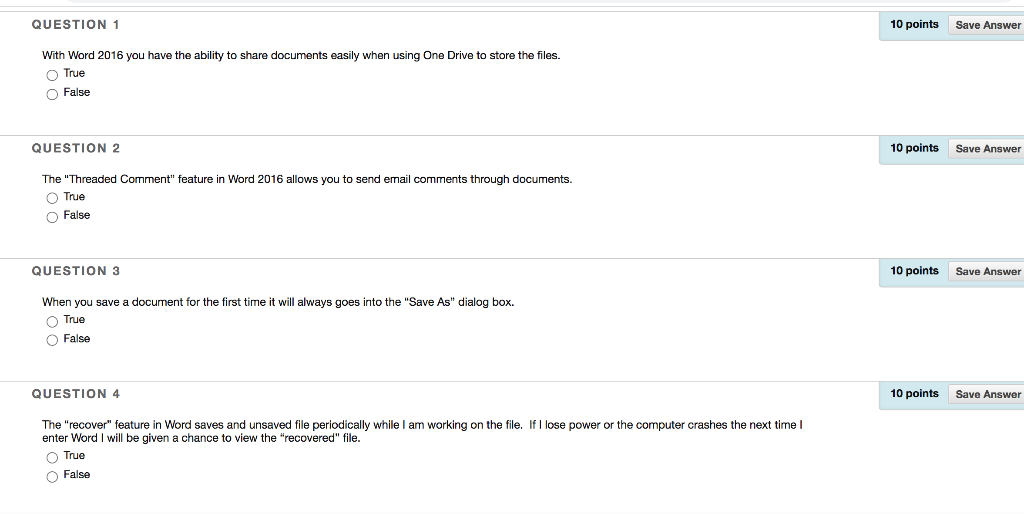 QUESTION 1 10 points Save Answer With Word 2016 you have