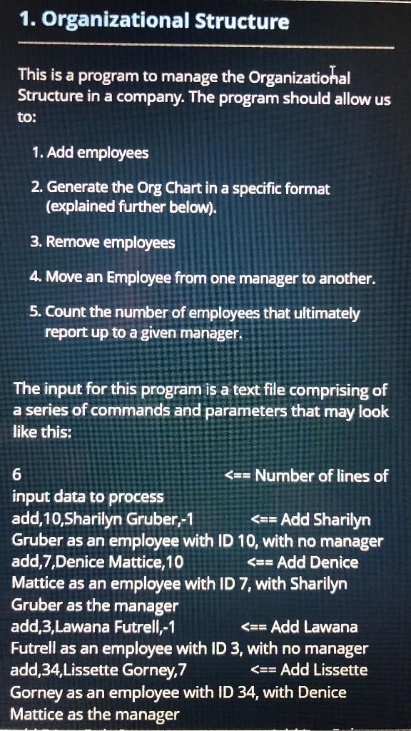  Given code, please finish in Java!! 1. Organizational Structure This is