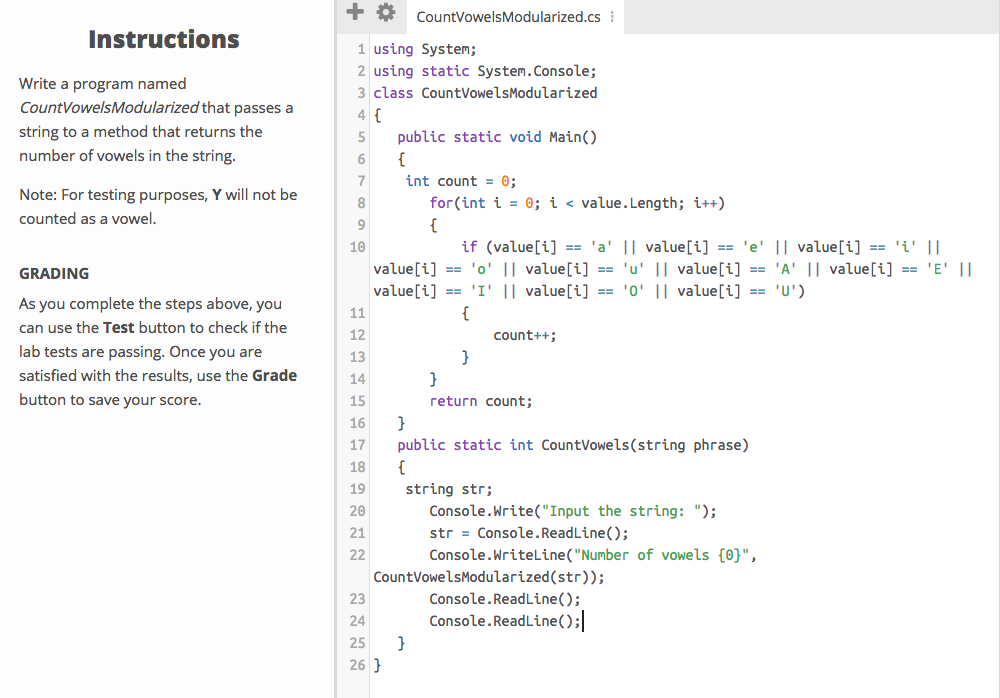 C# Programming: Write a program named CountVowelsModularized that passes a string to