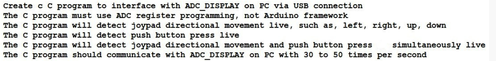 Create c C program to interface with ADC_DISPLAY on PC via