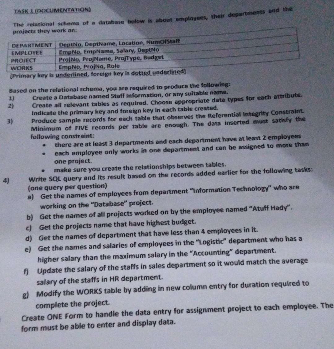  TASK 1 (DOCUMENTATION) The relational schema of a database below is