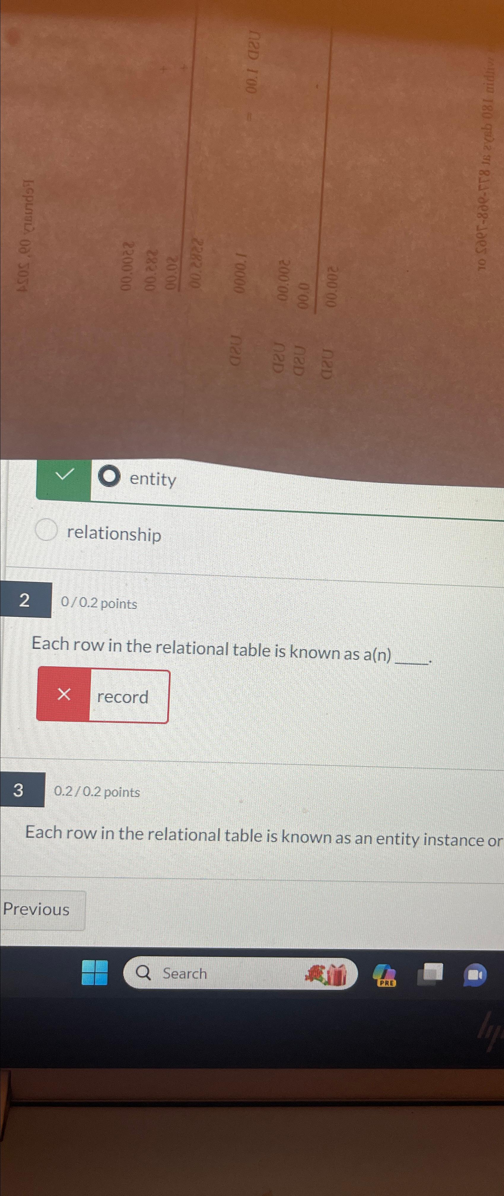  entity relationship 2 00.2 points Each row in the relational table