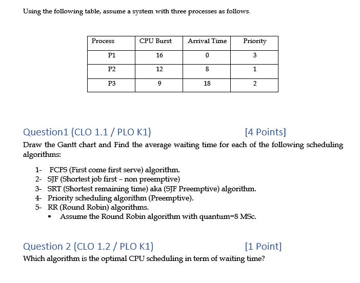 Using the following table, assume a system with three processes as