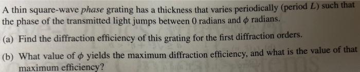  A thin square-wave phase grating has a thickness that varies periodically