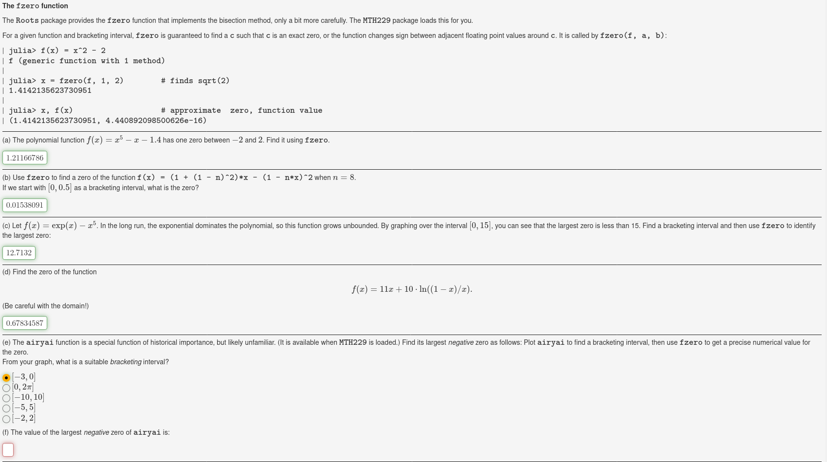 problem f only, using julia programming language The fzero function The Roots