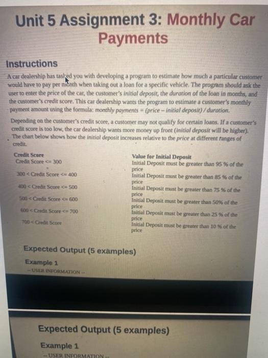  unit 5 assignment 3 Unit 5 Assignment 3: Monthly Car Payments