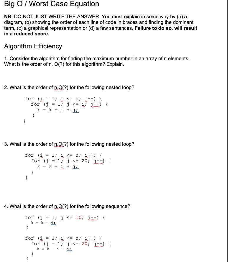  Big O / Worst Case Equation NB: DO NOT JUST WRITE