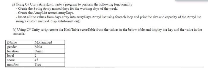  a) Using C#Unity ArrayList, write a program to perform the following