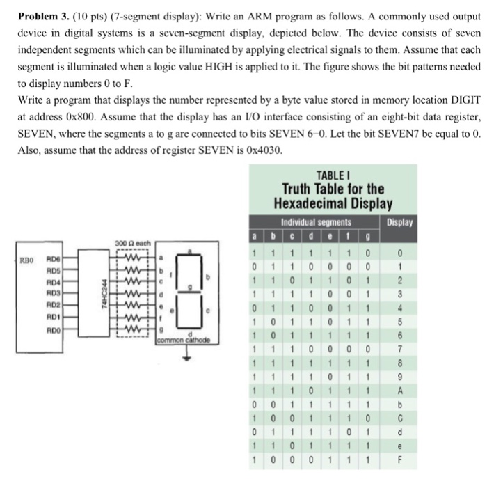  Problem 3. (10 pts) (7-segment display): Write an ARM program as