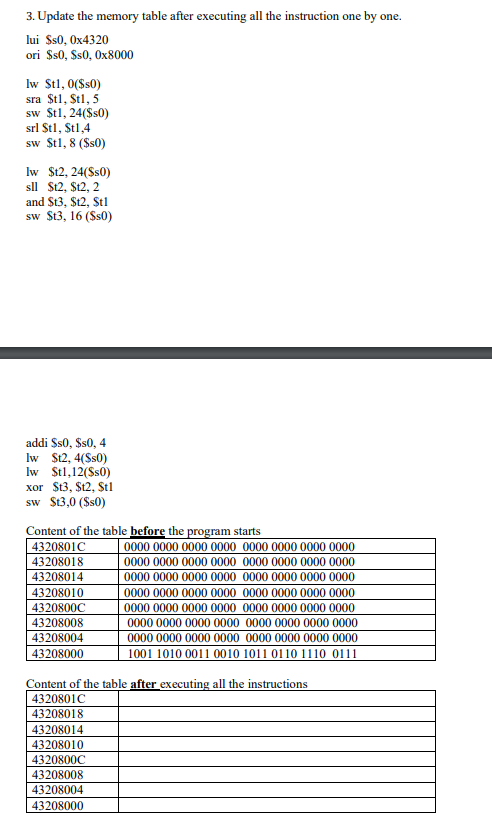  Update the memory table after executing all the instruction one by
