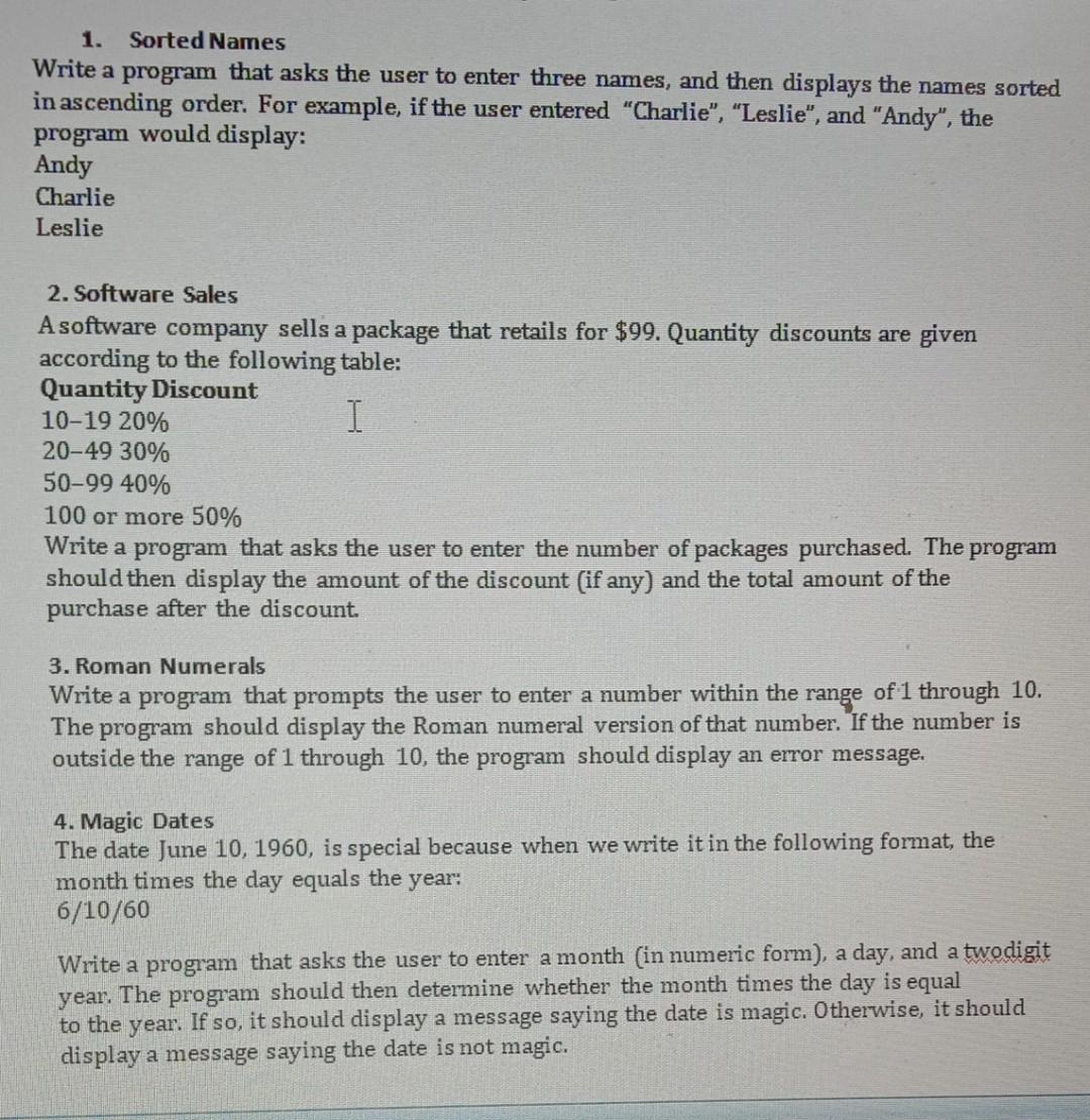  write the different java code of different parts from 1 to