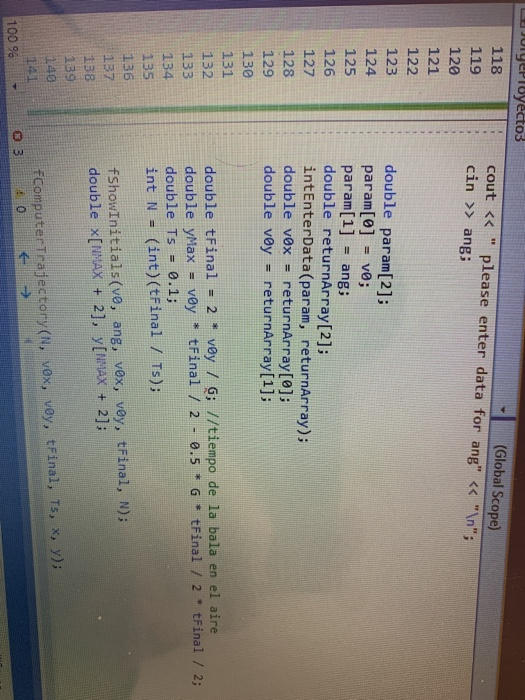 double vo = array[0]; double ang = array[1]; double/" G = 9.81,