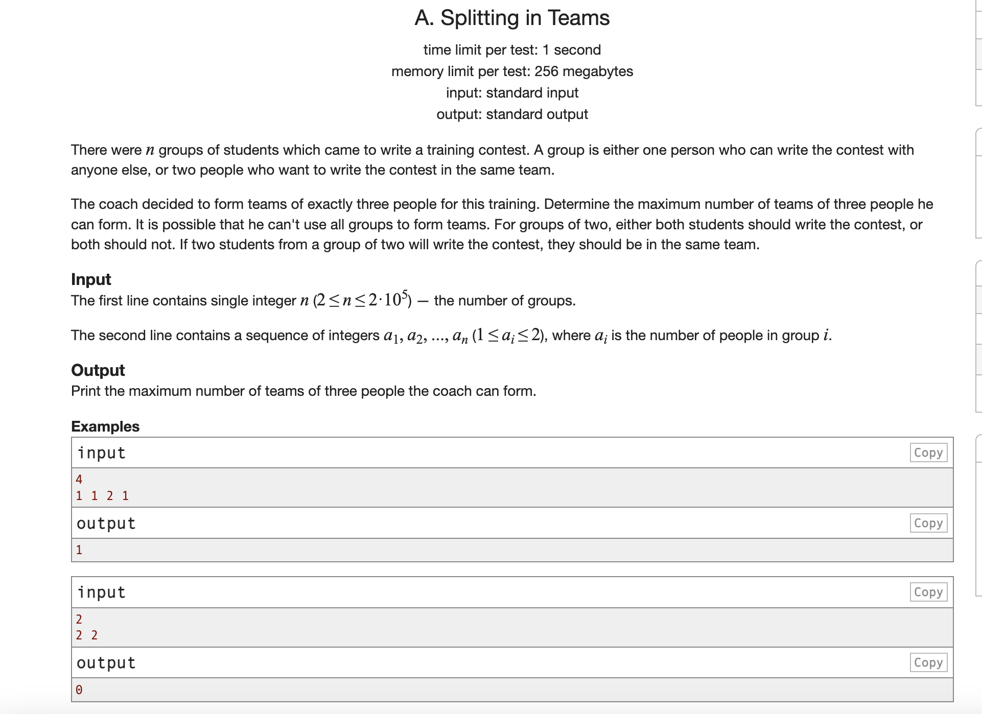  C++ A. Splitting in Teams time limit per test: 1 second