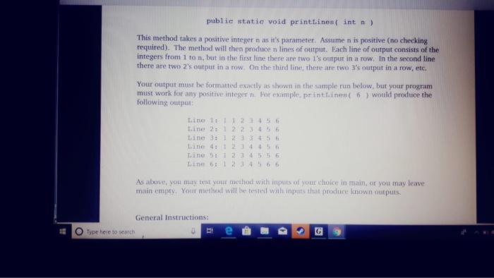 public static void printLines( int n ) This method takes a