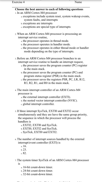  Advance microprocessors In an ARM Cortex-M4 processor a. exceptions include system