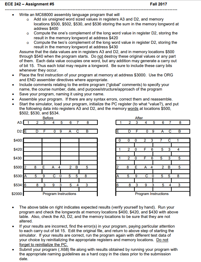  ECE 242-Assignment #5 Fall 2017 Write an MC68000 assembly language program