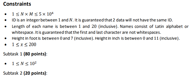 where each data consists of ID, name, and heigh in foot and