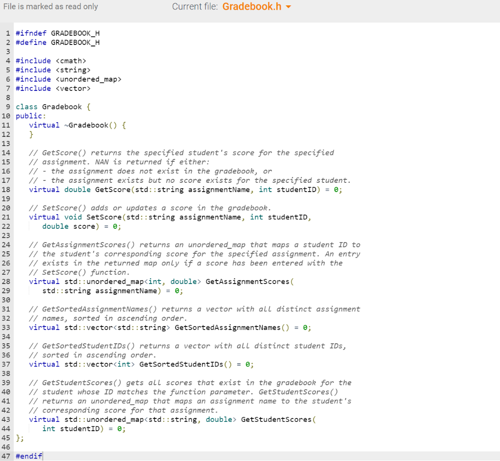 Access Gradebook.h by clicking on the orange arrow next to main.cpp at