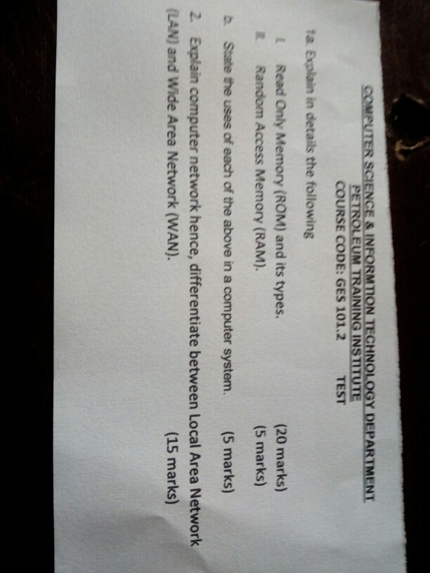 ORMTION TECHNO PETROLEUM TRAINING INSTITUTE COURSE CODE: GES 101.2 TEST fa.