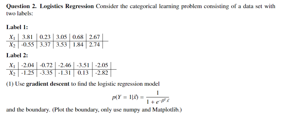  Question 2. Logistics Regression Consider the categorical learning problem consisting of