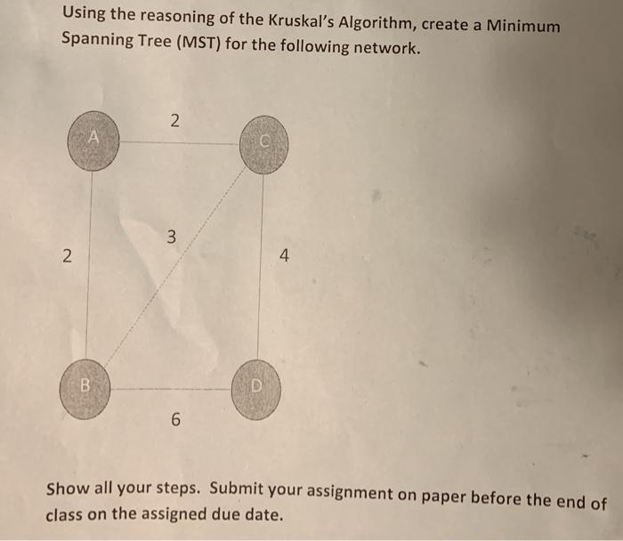  Using the reasoning of the Kruskal's Algorithm, create a Minimum Spanning
