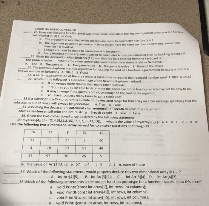  28-38 please SHORT ANSWERS CONTINUED 28. Using the following function prototype