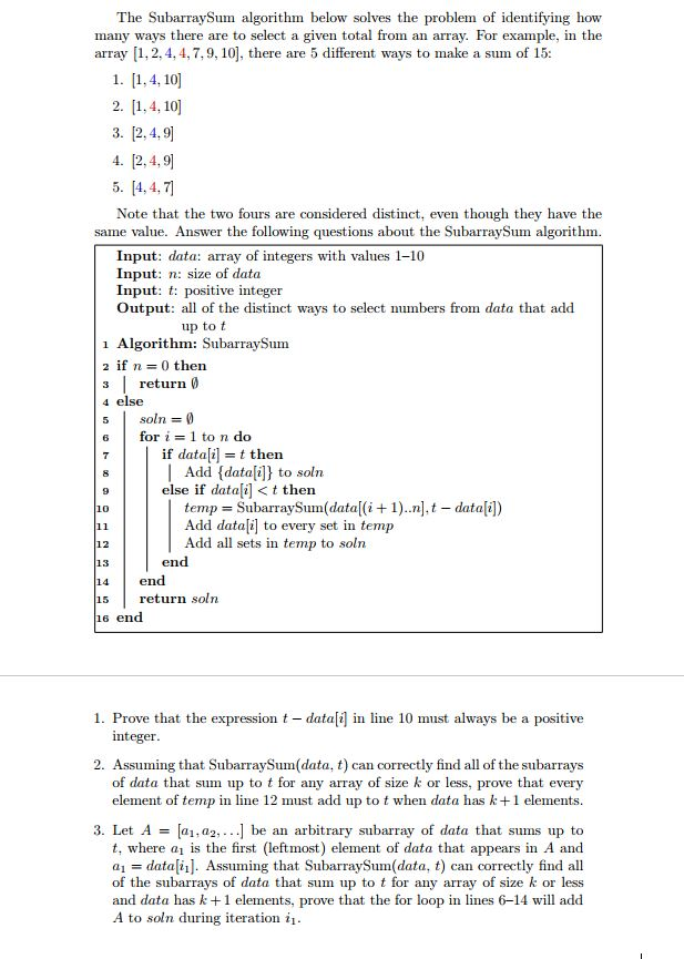  The SubarraySum algorithm below solves the problem of identifying how many