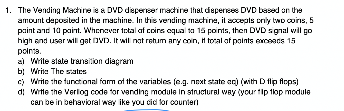 Please don't forget to write the Verilog code. Thanks! 1. The Vending