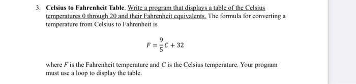  Celsius to Fahrenheit Table. Write a program that displays a table