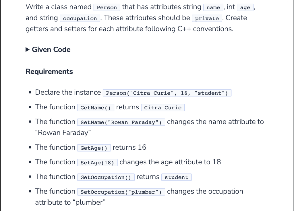 PLEASE COMPLETE IN C++ Given code: DO NOT CHANGE EXISTING CODE IN