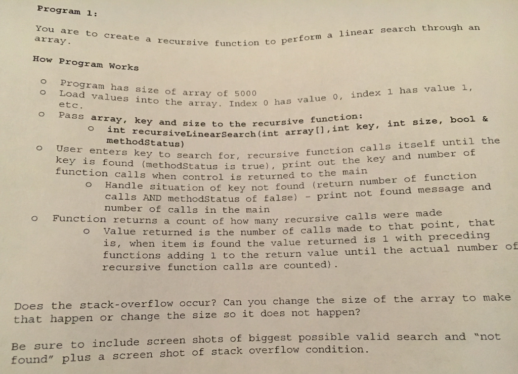 C++ Recursive Function Program 1: You are to create a recursive arraY