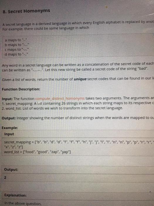  in python3, complete the function def compute(secretmapping, wordlist): 8. Secret Homonyms