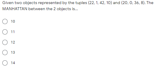 Given two objects represented by the tuples (22, 1, 42, 10)