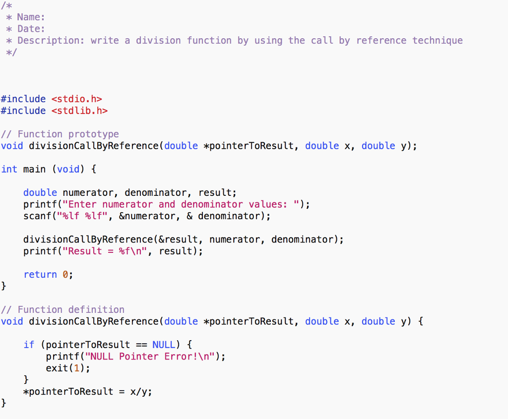  Name: Date: Description write a division function by using the call