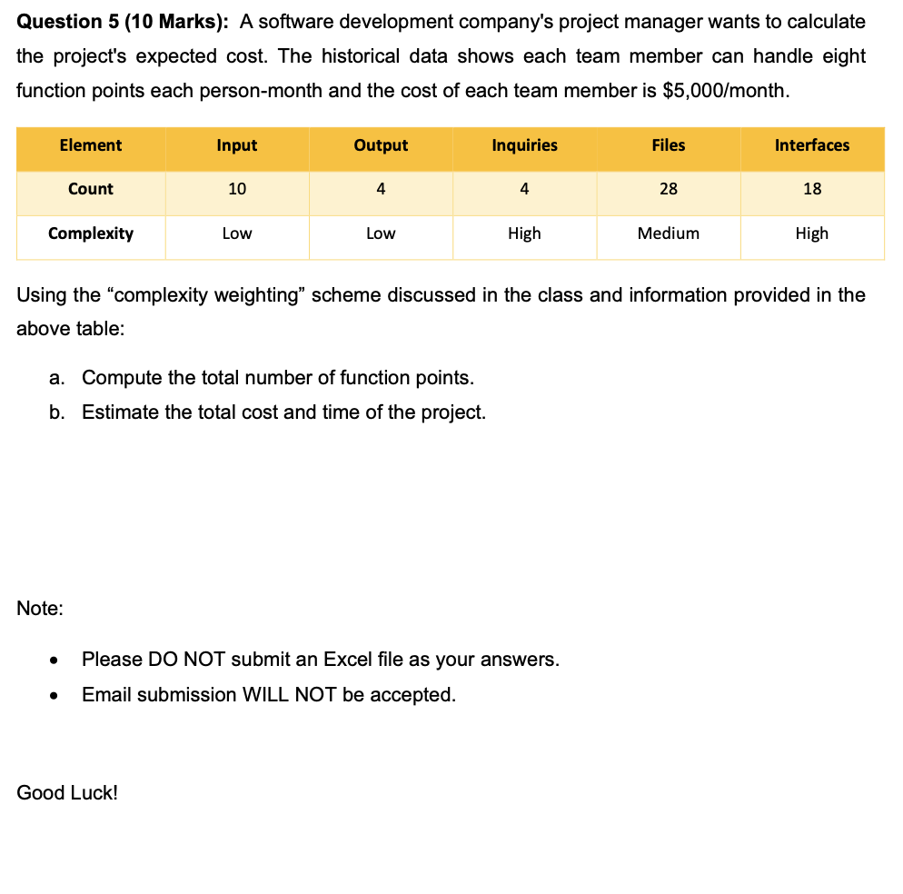  Question 5 (10 Marks): A software development company's project manager wants