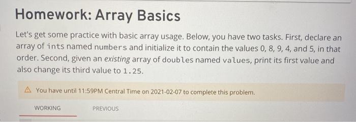  in java public, class function prohibited Homework: Array Basics Let's get