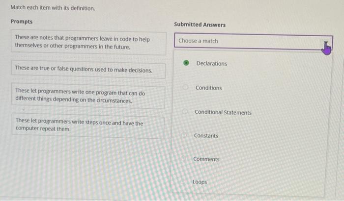 java Prompts Submitted Answers Choose a match Declarations These let programmers write