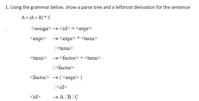  1. Using the grammar below, show a parse tree and a