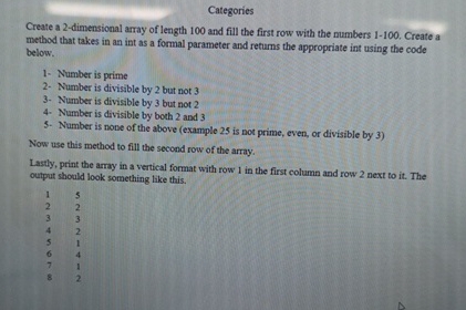  write a java code: Categories Create a 2-dimensional array of length