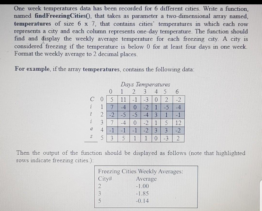 Write a function, named findFreezingCities, that takes as parameter a two-dimensional array
