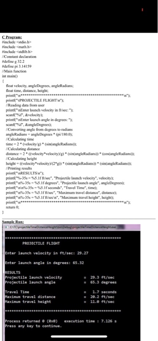the projectile velocity V0 in feet/sec and the projectile angle in degrees.