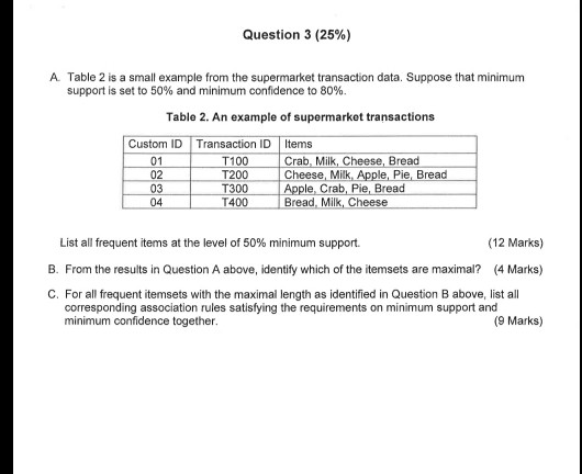 Question 3 (25%) A. Table 2 is a small example from