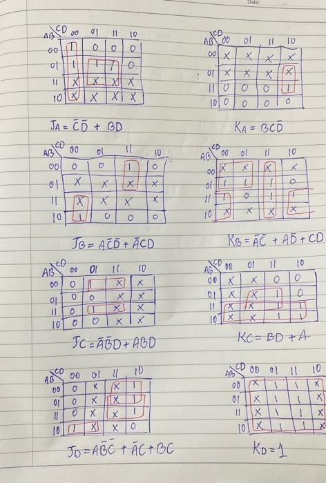 using the following expressions, construct a 4-bit synchronous counter using JK-FF JA=CD+BDJB=ACD+ACDJC=ABD+ABDJD=ABC+AC+BCKA=BCDKB=AC+AD+CDKC=BD+AKD=1