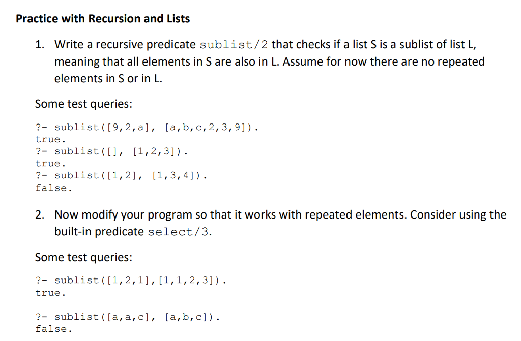 this program should be in PROLOG language Write a recursive predicate sublist/2