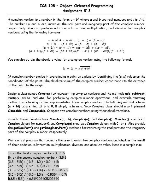  java ICS 108 - Object-Oriented Programming Assignment # 3 A complex