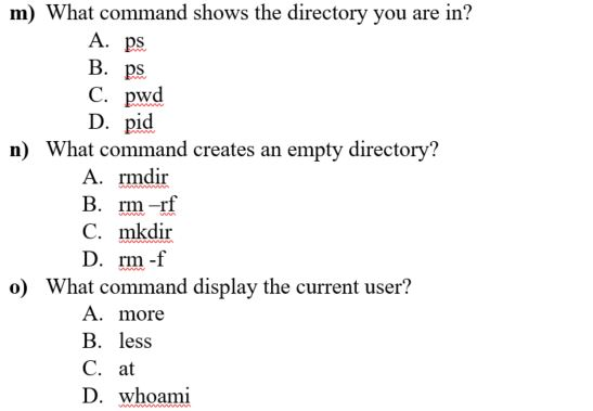 Linux and operating systems questions m) What command shows the directory you