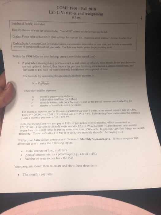  COMP 1900-Fall 2018 Lab 2: Variables and Assignment (12 pts) Numbst