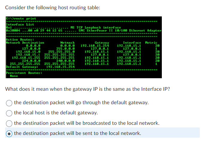  Consider the following host routing table: What does it mean when