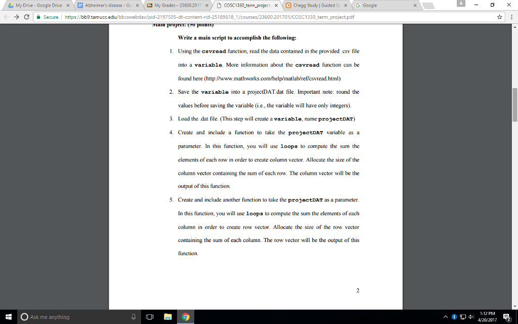 1. Using the csvread function, read the data contained in the provided