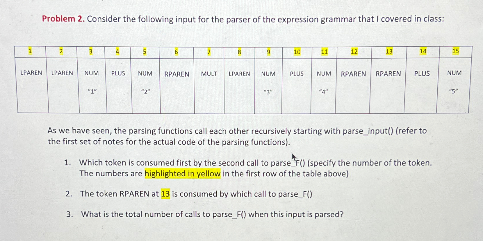  Problem 2. Consider the following input for the parser of the